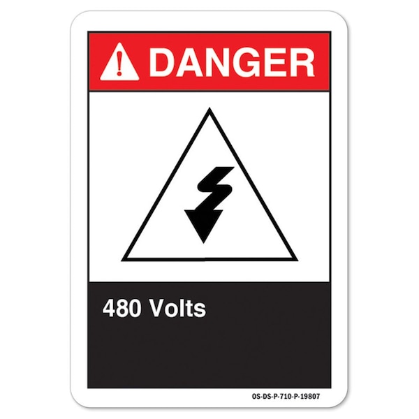 ANSI Danger, 10" Height, 14" Width, Aluminum, 14" W, 10" H, Landscape, 480 Volts